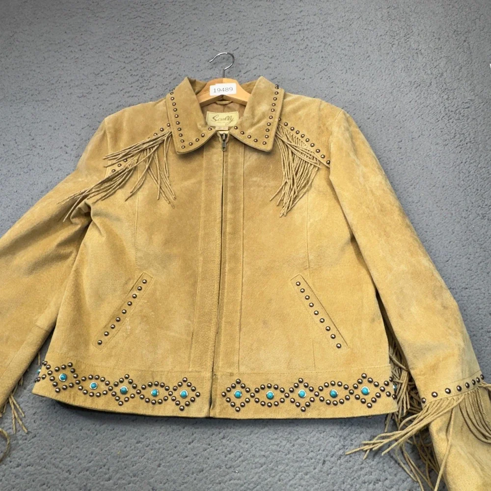 Scully Leather Fringe Jacket Womens XL Tan Suede Studded Turquoise Western Boho